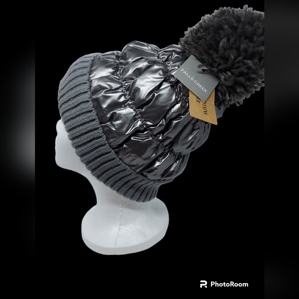 Falls Creek Gray/Silver Quilted Pom Beanie NWT
